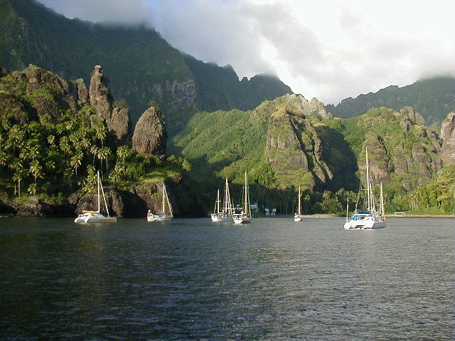 Sailing yachts anchored at Hiva Oa, Marquesas
